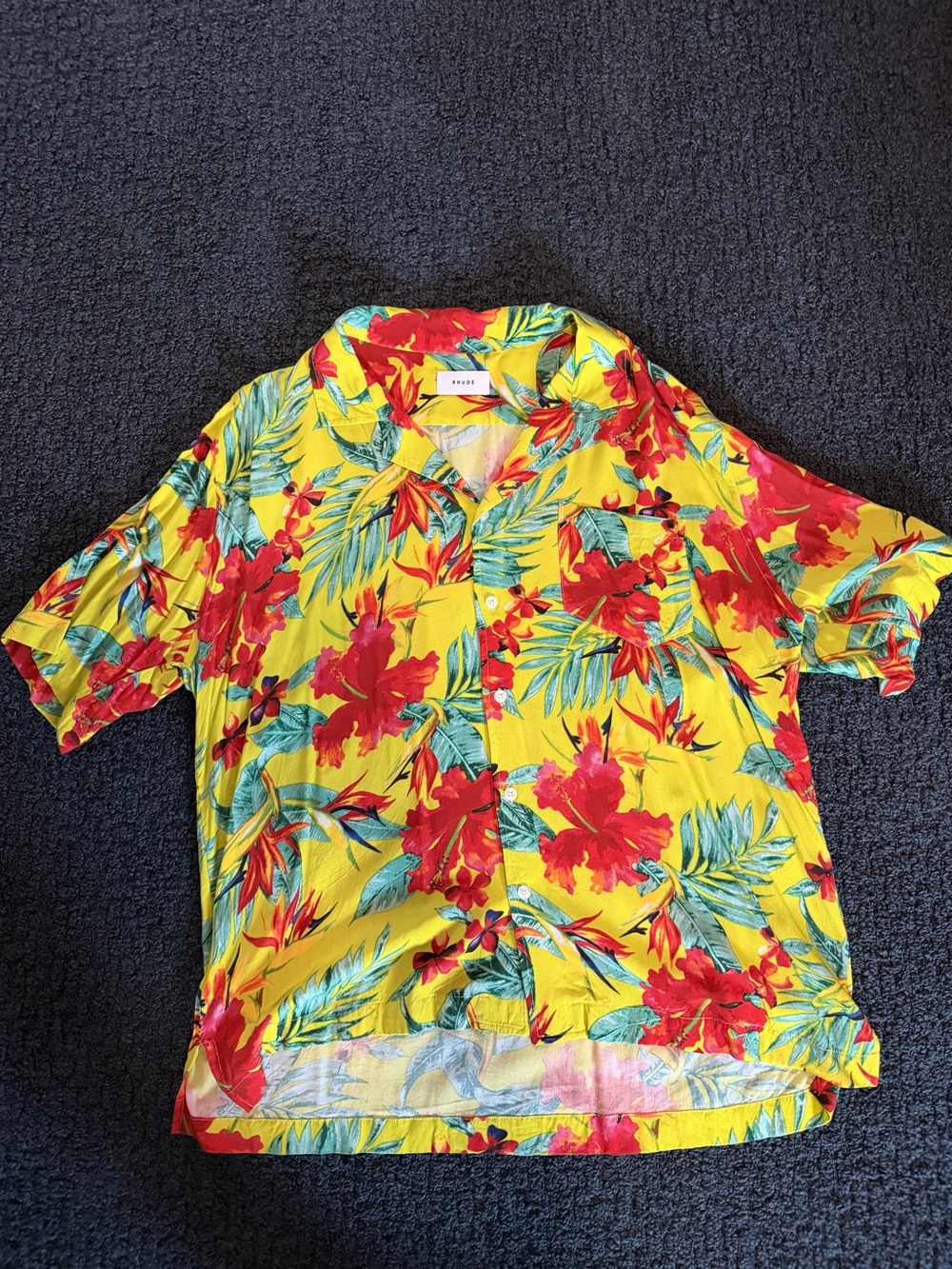 Rhude Yellow Short-Sleeve Floral Polo with Red & Green Print
